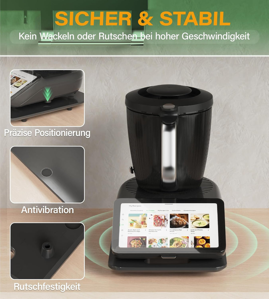 Gleitbrett für Thermomix TM7, Brett für Thermomix aus Bambus mit Rollen &amp; Gummifüssen, Leichtgängig,