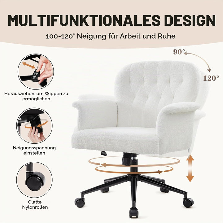IWMH Schreibtischstuhl, Teddyfell Drehstuhl mit Rollen und Armlehnen, Moderner Höhenverstellbar Home