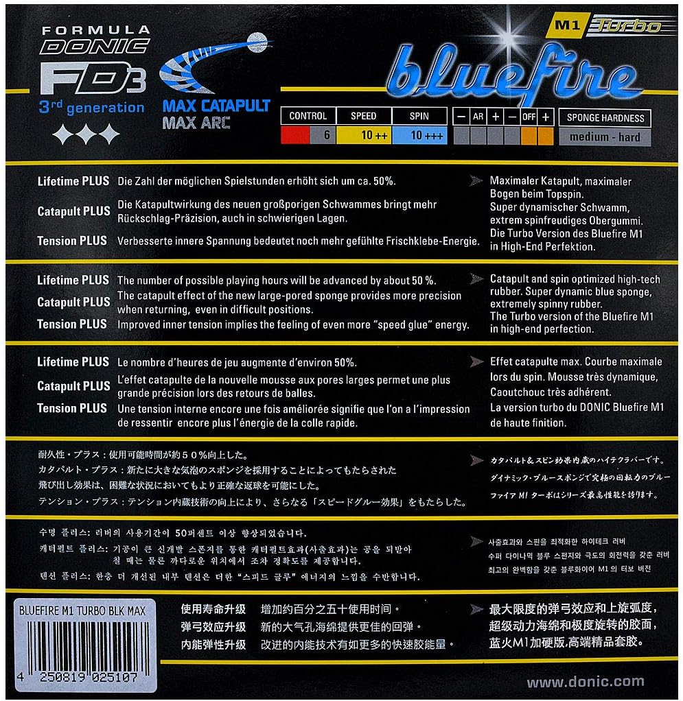 DONIC Bluefire M1 Turbo Tischtennis-Belag Schwarz max, Schwarz max