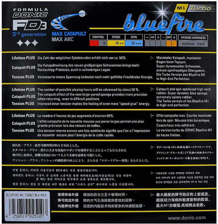 DONIC Bluefire M1 Turbo Tischtennis-Belag Schwarz max, Schwarz max