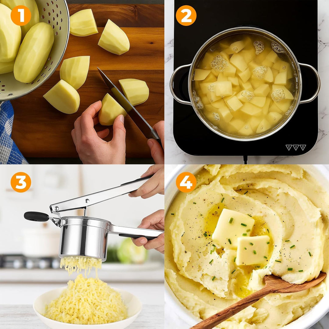 Kartoffelpresse 15oz, robuster Kartoffelstampfer aus Edelstahl mit 3 austauschbaren Scheiben, grosse