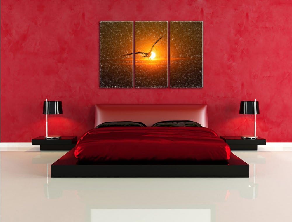 Pixxprint Möwe fliegt in den Sonnenuntergang als Leinwandbild/Grösse: 3 Teilig (120x80) cm/Wandbild/