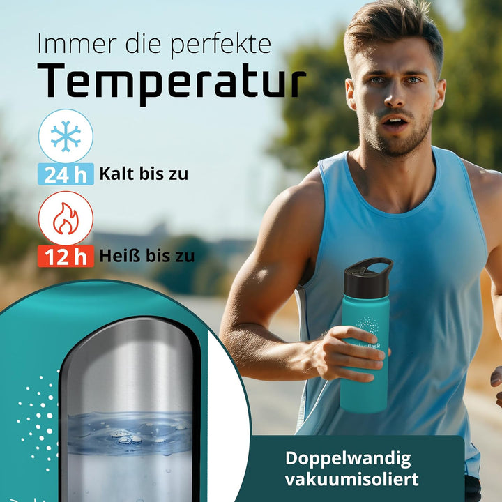 Trinkflasche Edelstahl ACTIVE FLASK + Strohhalm (3 Deckel) BPA-frei, Auslaufsicher, Kohlensäure geei