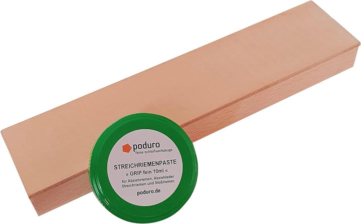 Streichriemen-Set » PODURO MINI KOMBI « Abziehleder auf Holz & Streichriemenpaste & Baumwollbeutel