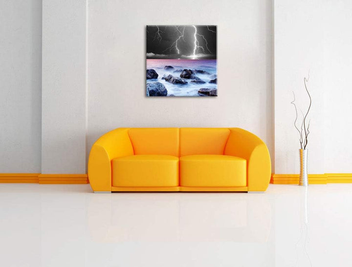 Pixxprint Blitze über dem Meer als Leinwandbild Quadratisch/Grösse: 70x70 / Wandbild/Kunstdruck/fert