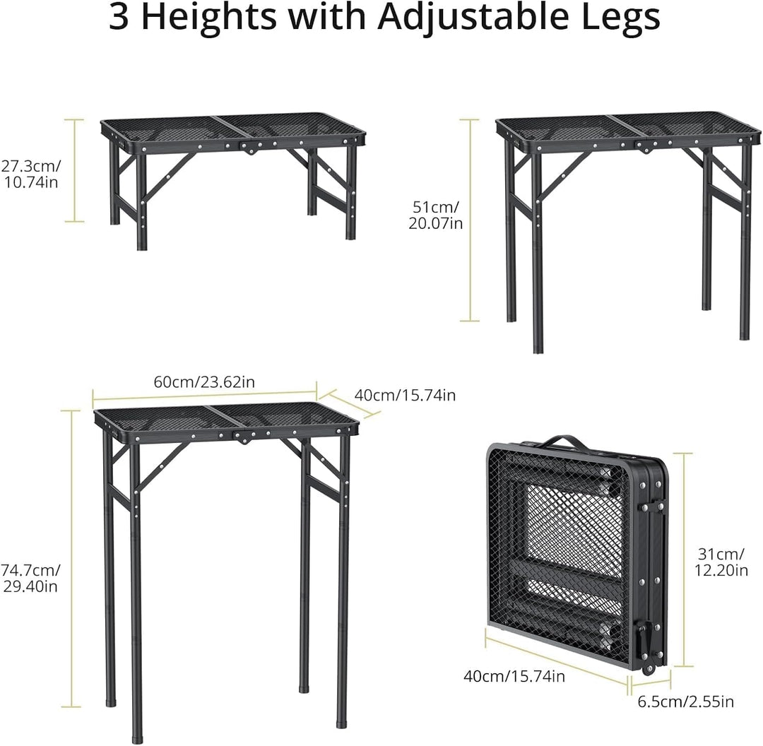 Anbte Campingtisch Klapptisch 60x40cm Aluminium Rahmen mit 3 Verstellbare Höhe 27/51/74cm Grilltisch