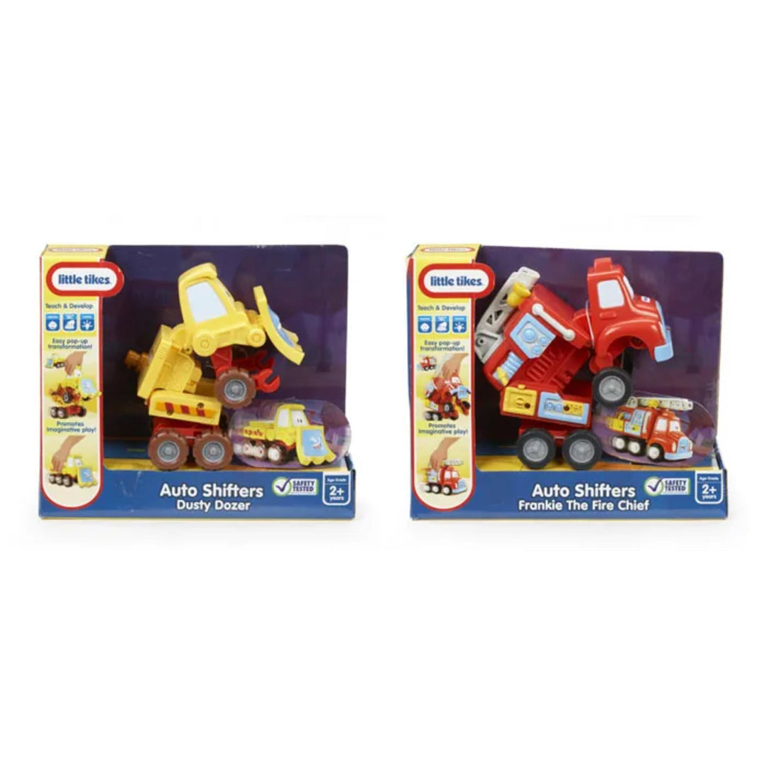 Little Tikes 2-in-1 Robo-Auto Sortiment, Auto Shifters Vehicle, Raupe und Feuerwehr
