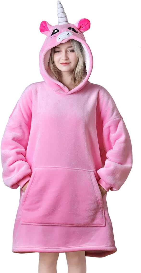 Queenshin Hoodie Decke Rosa Einhorn Übergrösse Swearshirt Sherpa Deckenpullover, Weich und Warm TV-D
