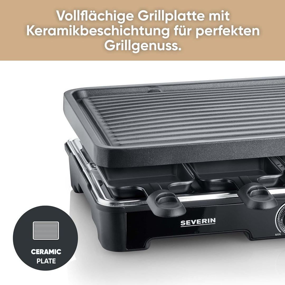 SEVERIN Raclette-Grill, Raclette mit grosser Grillplatte, Keramik- & Antihaftbeschichtung, 8 Raclett
