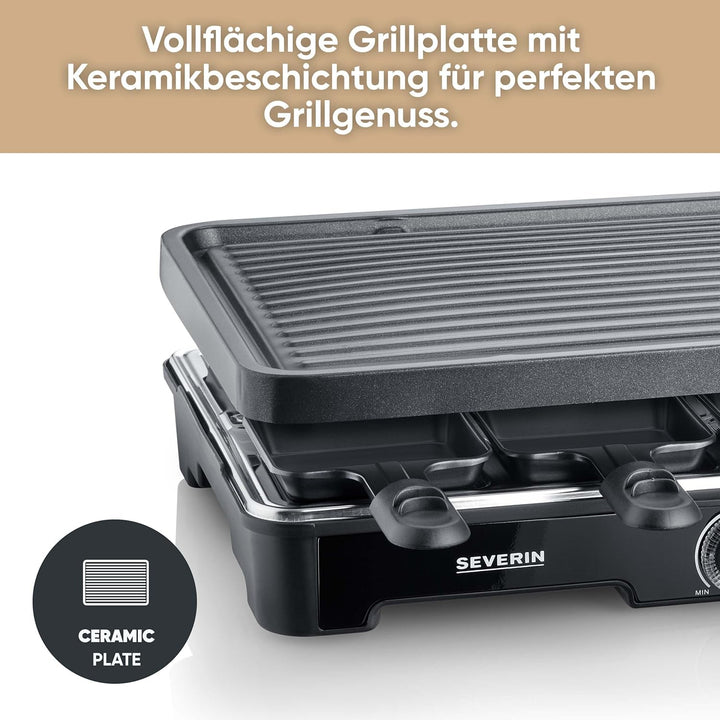 SEVERIN Raclette-Grill, Raclette mit grosser Grillplatte, Keramik- & Antihaftbeschichtung, 8 Raclett
