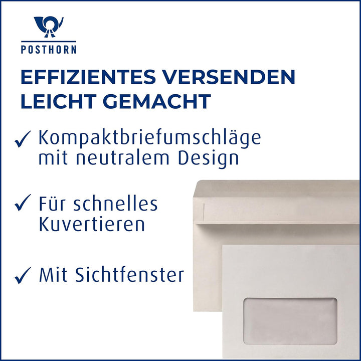 POSTHORN Briefumschläge mit Fenster 125 x 235 mm (1000 Stück), Umschläge selbstklebend, Kuvert mit g