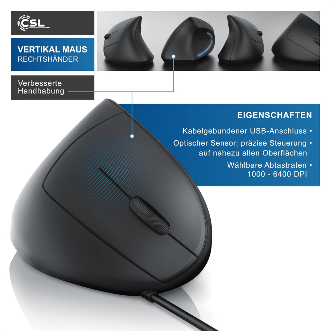 CSL - optische Maus kabelgebunden 6400 DPI - vertikale Ausführung - ergonomisches Design - Vorbeugun