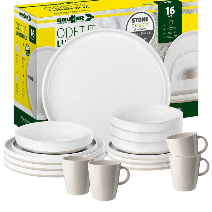 BRUNNER: Melamin Geschirr-Set Camping | 16-Teilig - Teller & Becher für 2-4 Personen | Lunch Box ODE