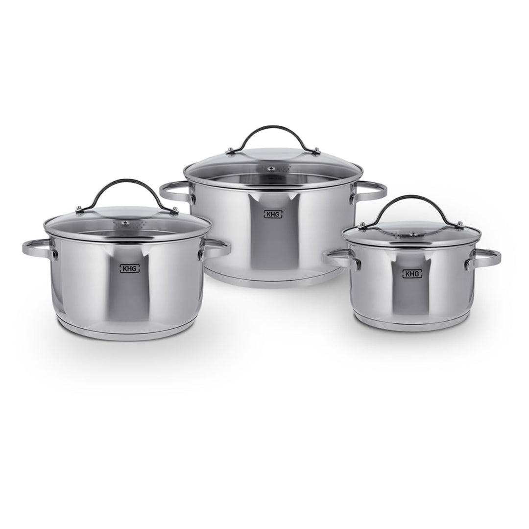 KHG Topfset 3 teilig Induktionstöpfe Edelstahl Rostfrei - 16 cm 20 cm 24 cm mit Ausguss Innenskalier