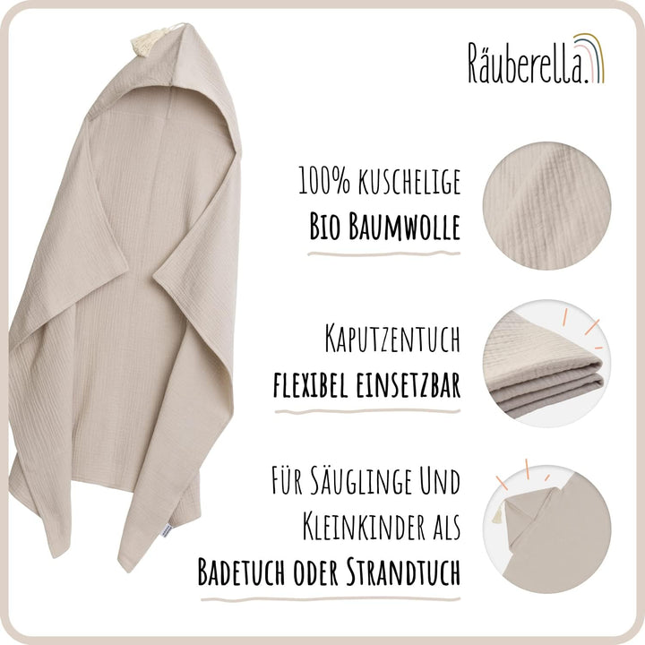 Räuberella® Kapuzenhandtuch-Baby in Beige I 75x100cm I Musselin-Badetuch-Baby aus 100% Bio-Baumwolle