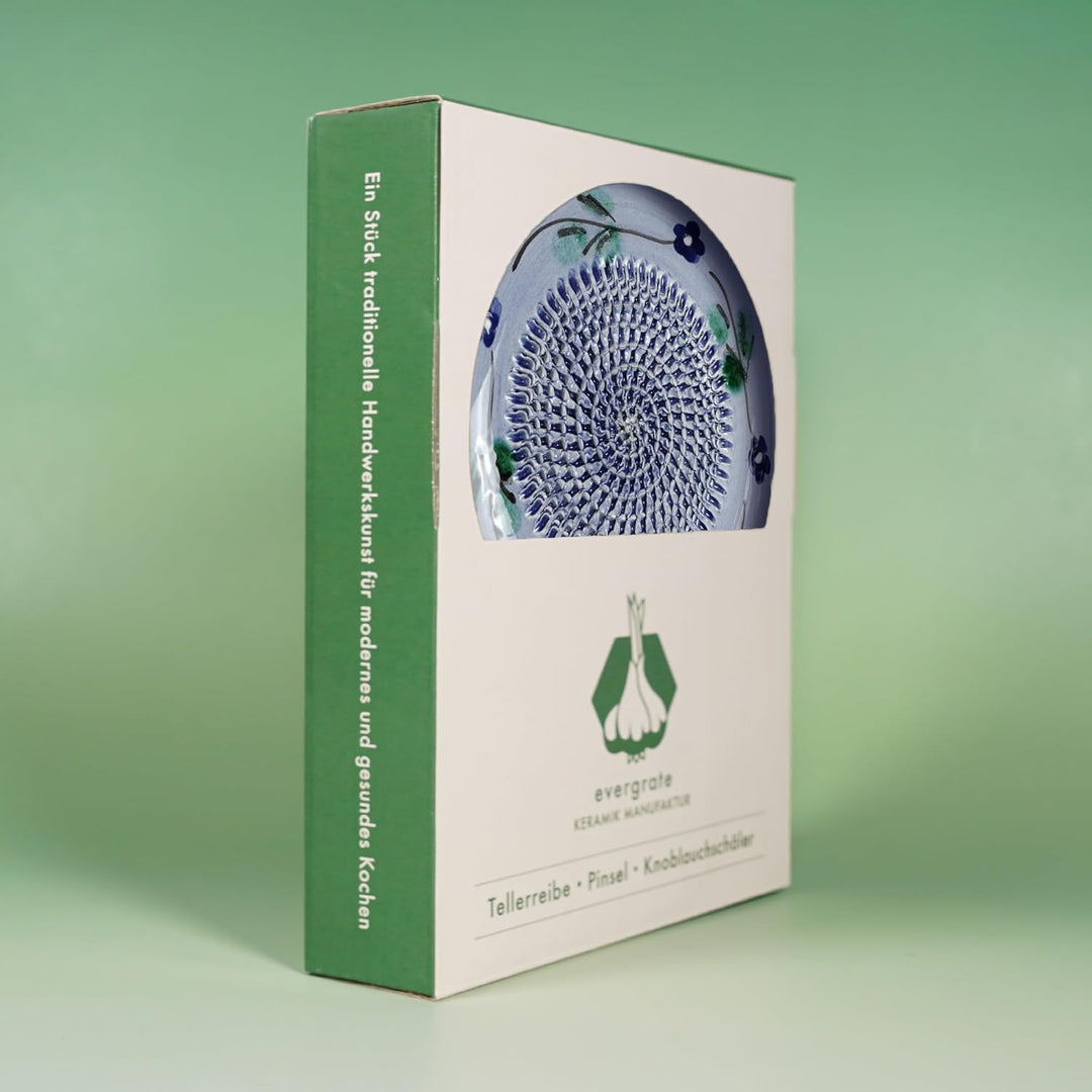 Evergrate® Keramikreibe Flora mit Geschenkbox – mit Reibe, Knoblauchschäler, Rezeptheft & Pinsel – H