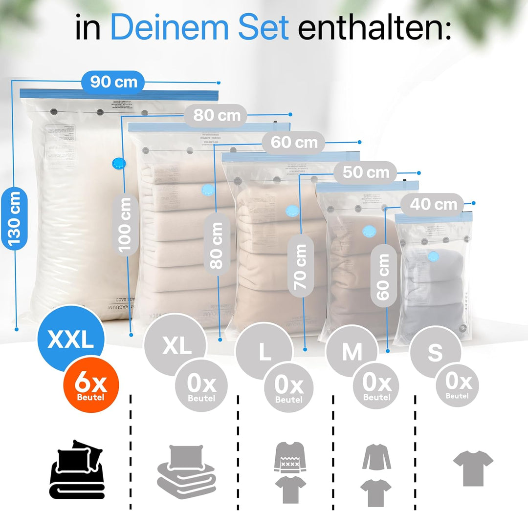 Vakuumbeutel für Bettdecken XXL [6 Stück] (90x130 cm) - INKL. ETIKETTEN - Jumbo Vakuumtüten für Klei