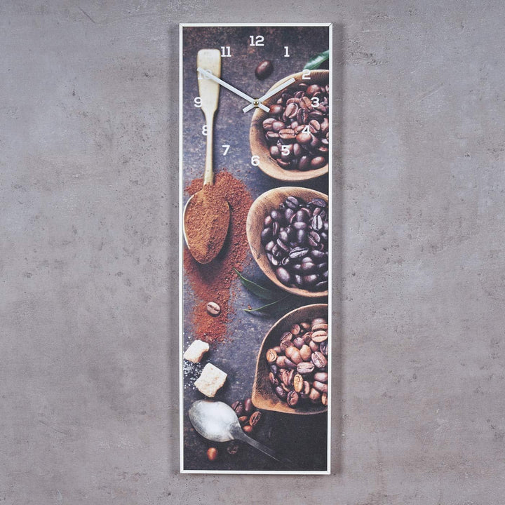 Wanduhr 20x60cm Braun Kaffee Coffee Rahmen Weiss Küche Bild Cafe Wanddeko Uhr Kaffeebohnen Pvc Weiss