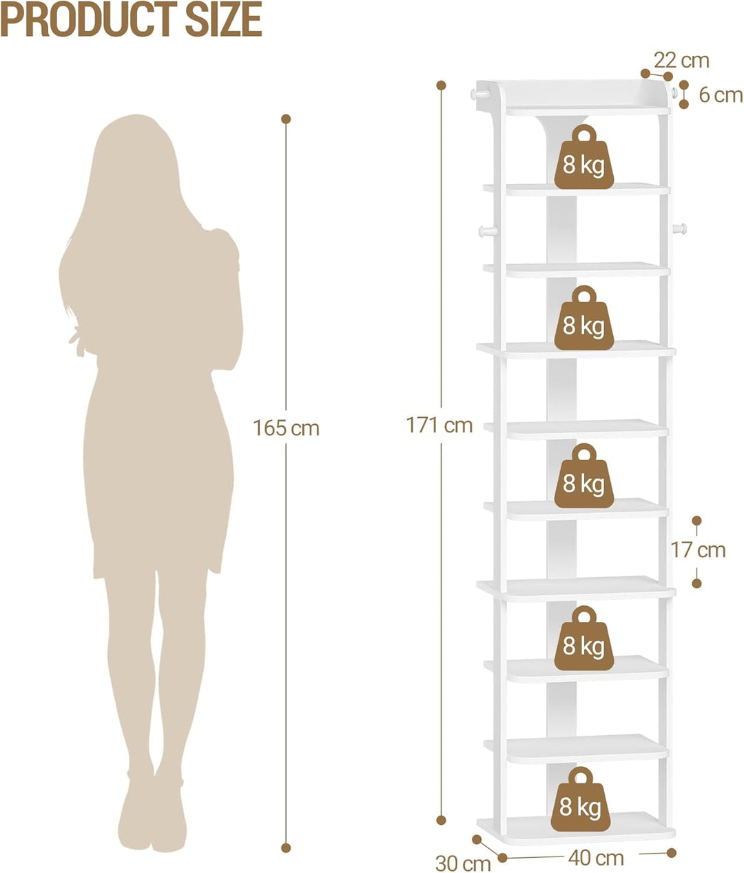 Hzuaneri Schuhregal, Schuhablage mit 10 Ebenen, Holz-Schuh-Organizer mit Haken, Verstellbar, Platzsp