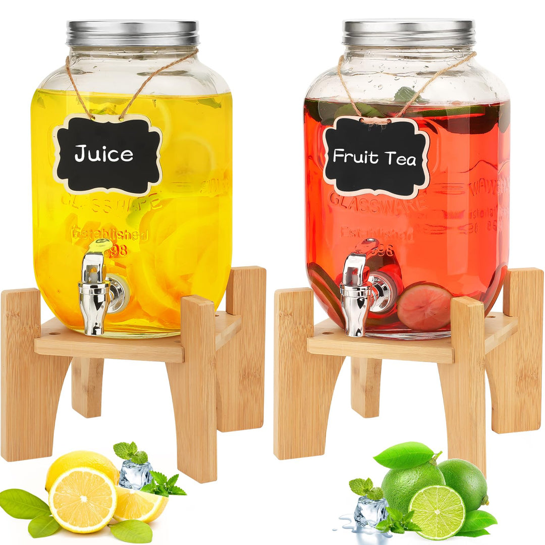 2 x 4L Getränkespender mit Ständer, Getränkespender Glas mit Zapfhahn, Glas-Wasser-Saft-Spender mit