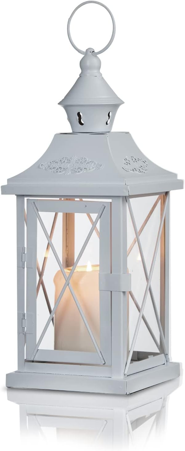 KHG Laterne 30 cm mit Kerze aus Metall/Glas in weiss, matt, Kerzenständer, Kerzenhalter, Outdoor und