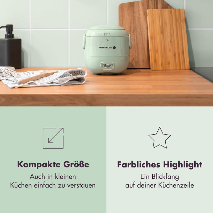 REISHUNGER Mini Reiskocher, salbeigrün | 0,3 L - 1-2 Portionen | hochwertige Keramikbeschichtung - P