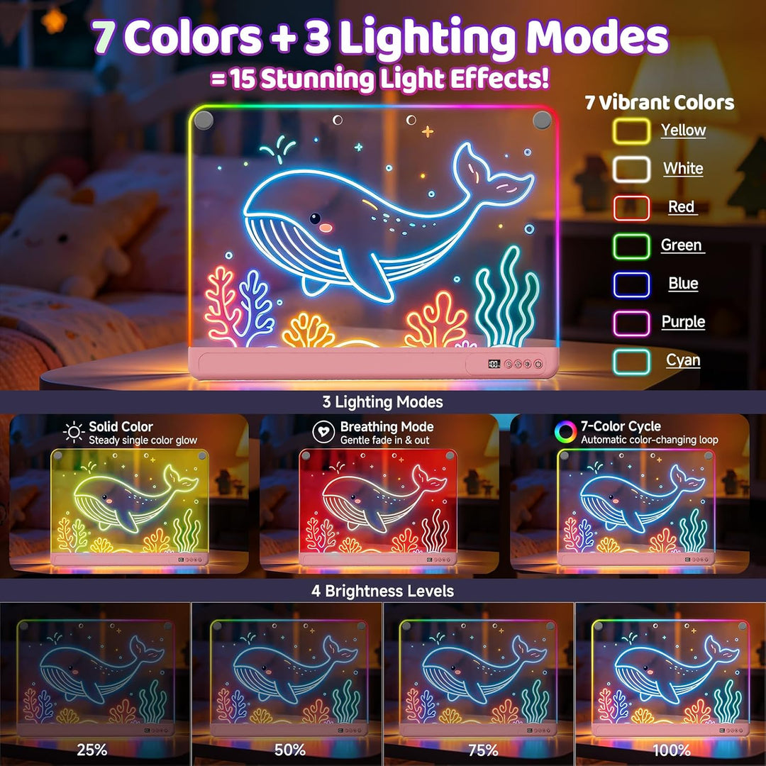 LED Zeichenbrett für Kinder, 30x40cm Wiederaufladbare LED Notiztafel mit Farben und 15 Lichtmodi, Ma