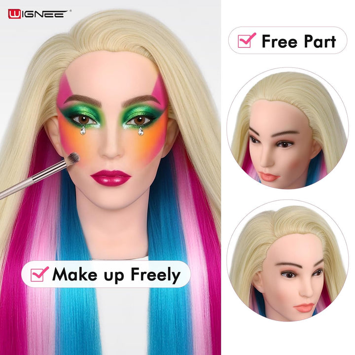 WIGNEE Cosmetology Mannequin Kopf mit realistischem Gesicht – Hitzebeständiges synthetisches Haar fü