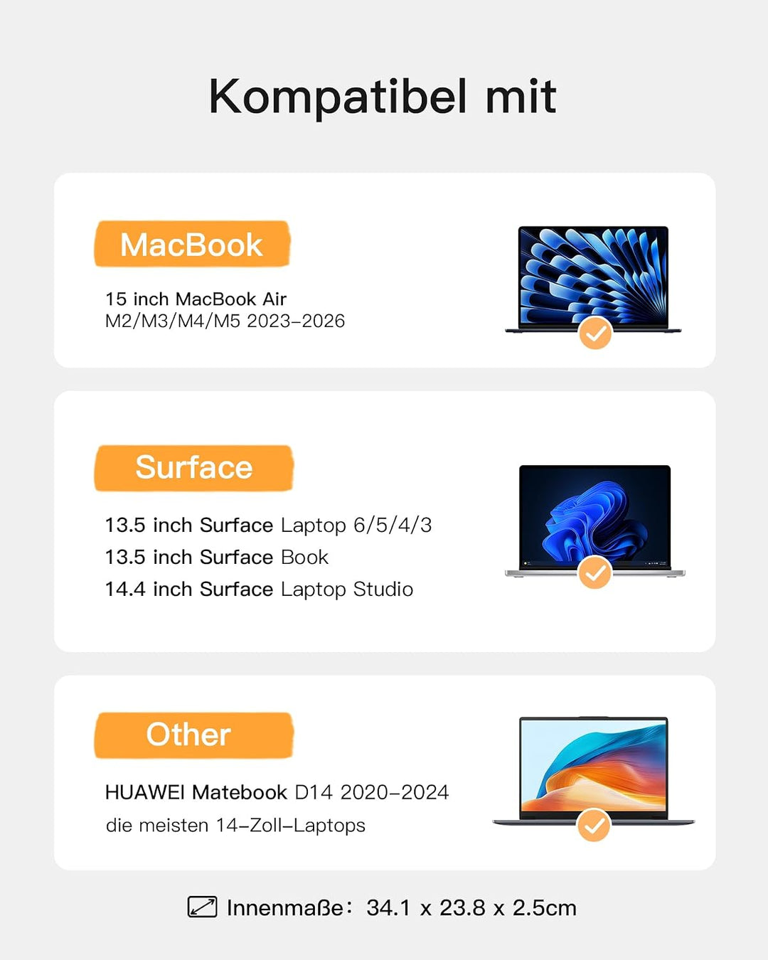 Inateck Laptoptasche Hülle kompatibel mit 15,3 Zoll MacBook Air M5 2026(A3448), M4 2025(A3241), M3 2