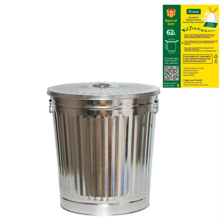 Jinfa 1er-Set Retrodesign verzinkter Metalleimer mit Griffen und Deckel + 5 Müllbeutel | Zink | 62L