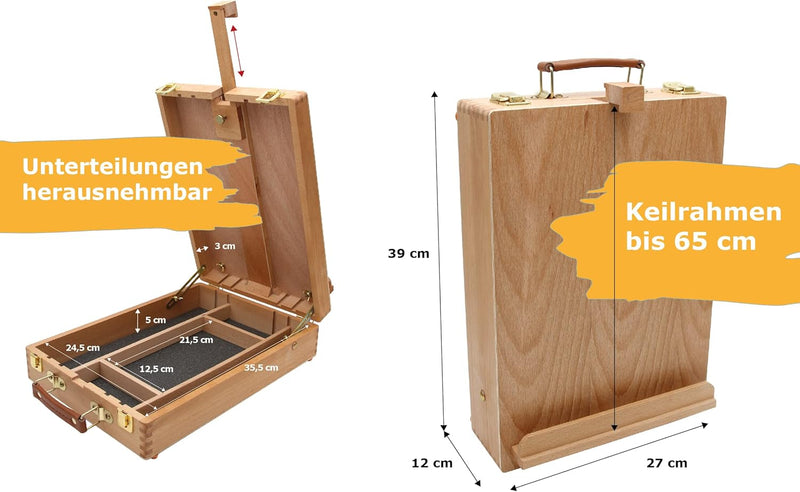 Malkoffer Luca aus Buchenholz FSC®, Tischstaffelei mit Utensilienkoffer, Keilrahmen bis 60cm Höhe, M