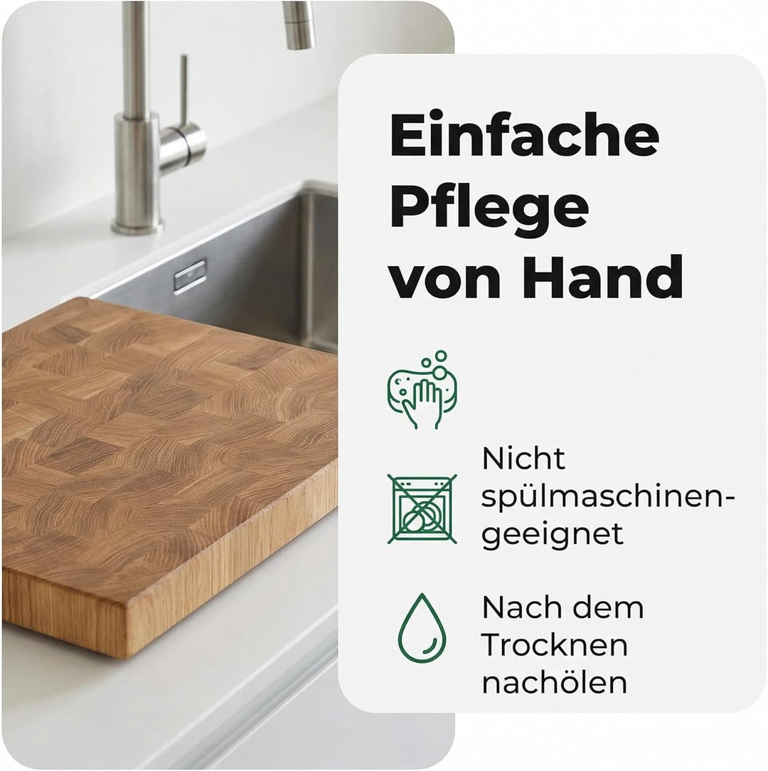 B4K® Küchenbrett aus Eiche Stirnholz | Antibakterielles Hirnholzbrett mit Griffen, Silikonfüssen und