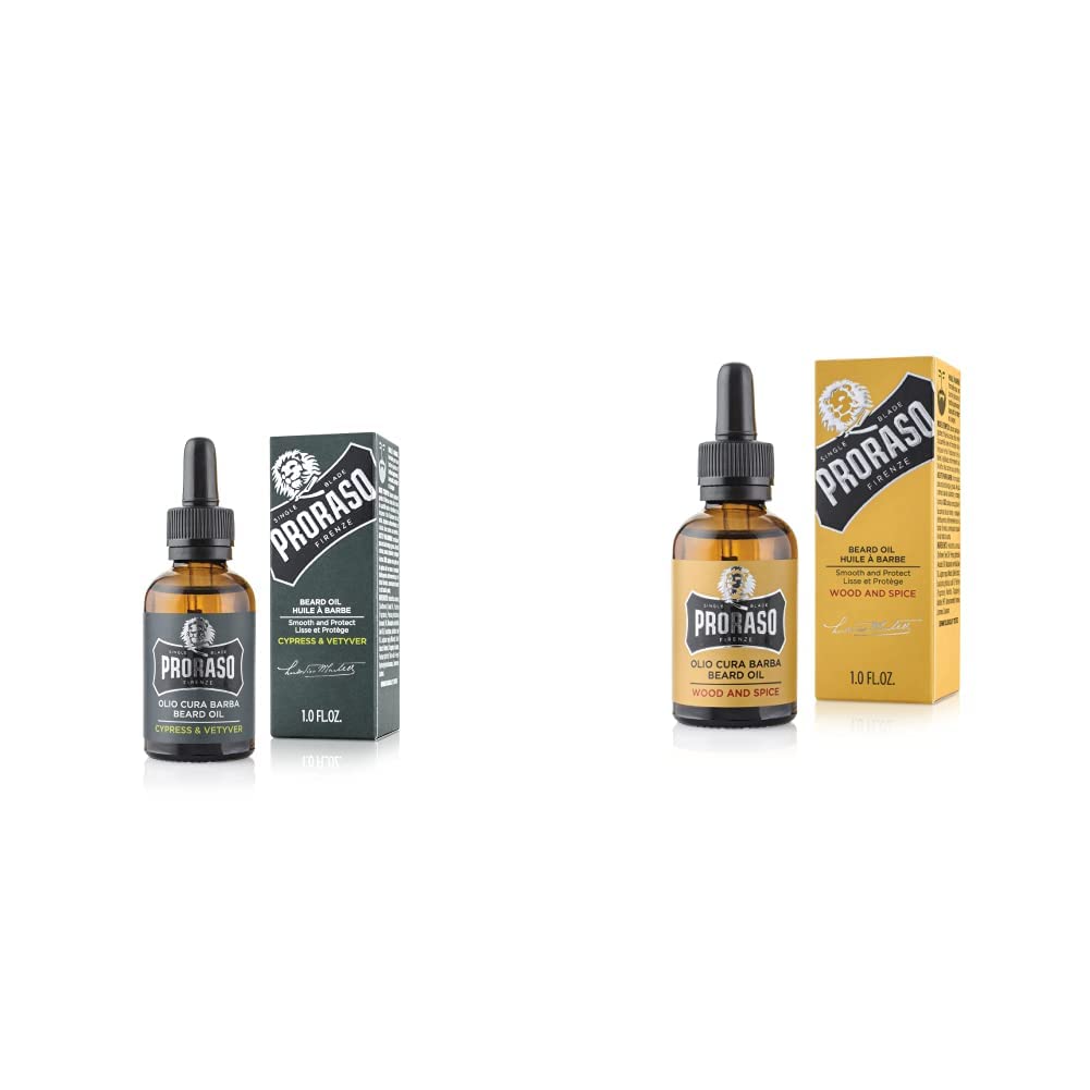 Proraso Beard Oil Cypress & Vetyver 30ml & Beard Oil, Wood & Spice, 30 ml, Bartöl mit Zedernholz & Z