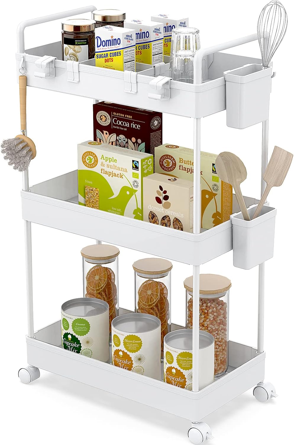 Ronlap Rollwagen Küchewagen mit 3 Ebenen, Servierwagen mit Aufhängebecher, Separator, Haken, Regal a
