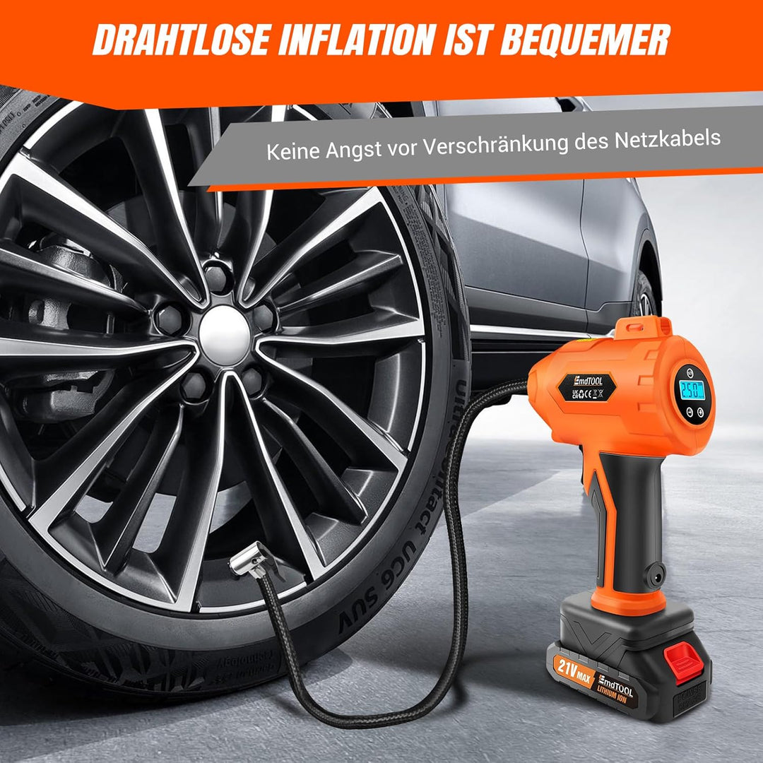 Reifenaufbläser Luftkompressor, 21V Akku und 12V Gleichstromkabel, tragbares Pumpgerät mit digitalem
