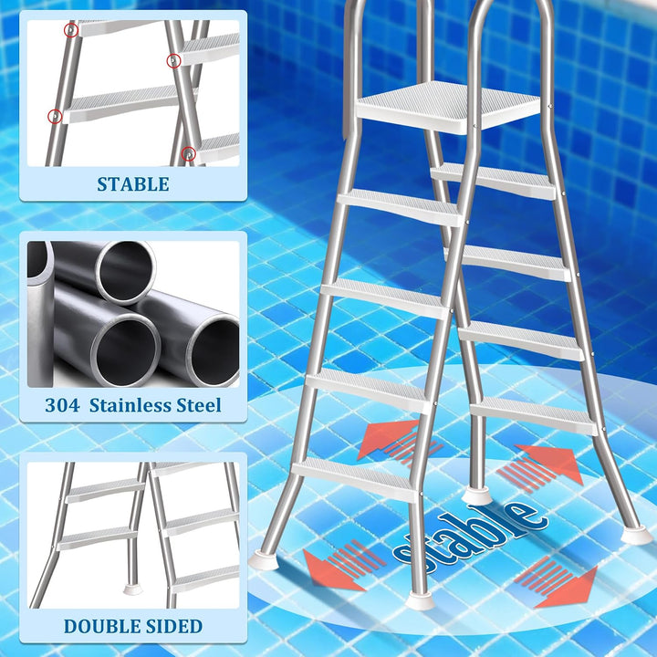 4-stufige Leiter für Aufstellpools, Pooltreppe aus Edelstahl 304 mit doppelten Handläufen, rutschfes