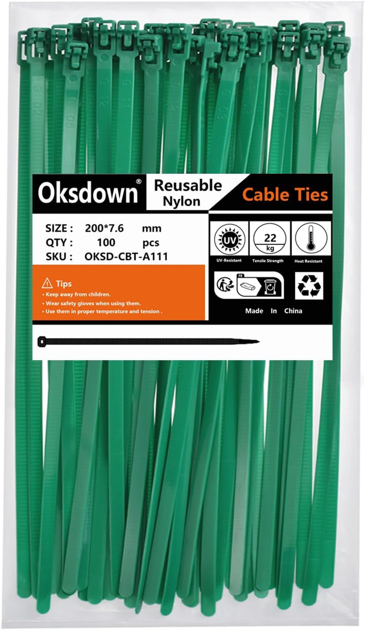 Kabelbinder wiederverschliessbar Grün 200 mm × 7,6 mm 100 Stück UV-Beständig Stark Gross Nylon Kunst