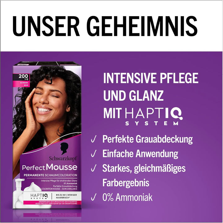 Schwarzkopf Perfect Mousse Permanente Schaumcoloration 200/1-0 Schwarz (3 x 92.5 ml), Haarfarbe mit