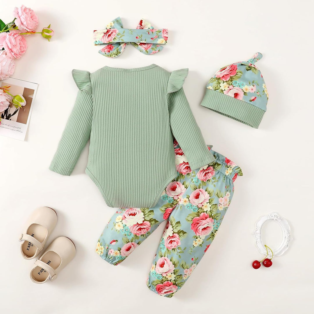 Neugeborenes Baby Mädchen Kleidung Kleinkind gerippt Ruffle lange Ärmel Strampler+ Floral Hosen+ Sti