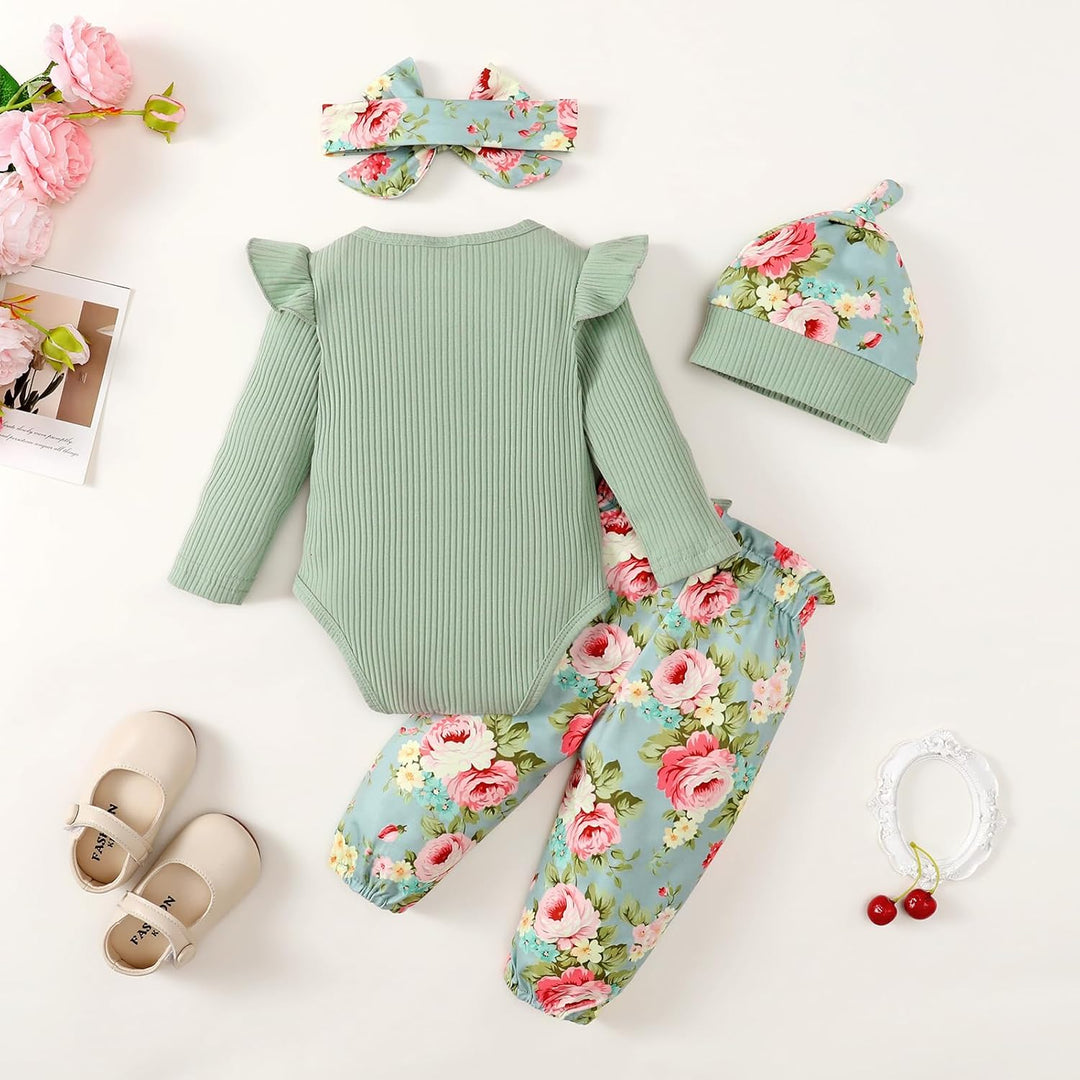 Neugeborenes Baby Mädchen Kleidung Kleinkind gerippt Ruffle lange Ärmel Strampler+ Floral Hosen+ Sti