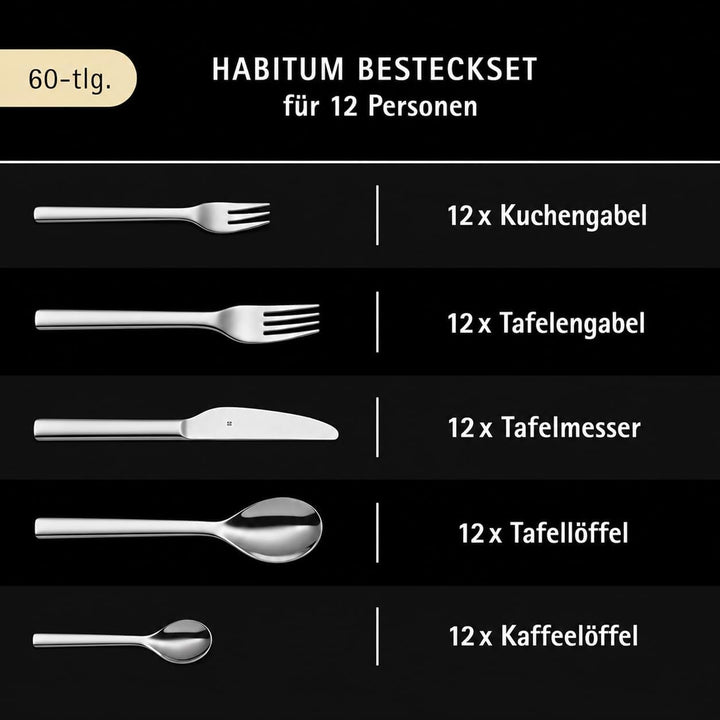 WMF Habitum Besteck Set 12 Personen, Essbesteck 60 teilig, Monobloc-Messer, Cromargan Edelstahl poli
