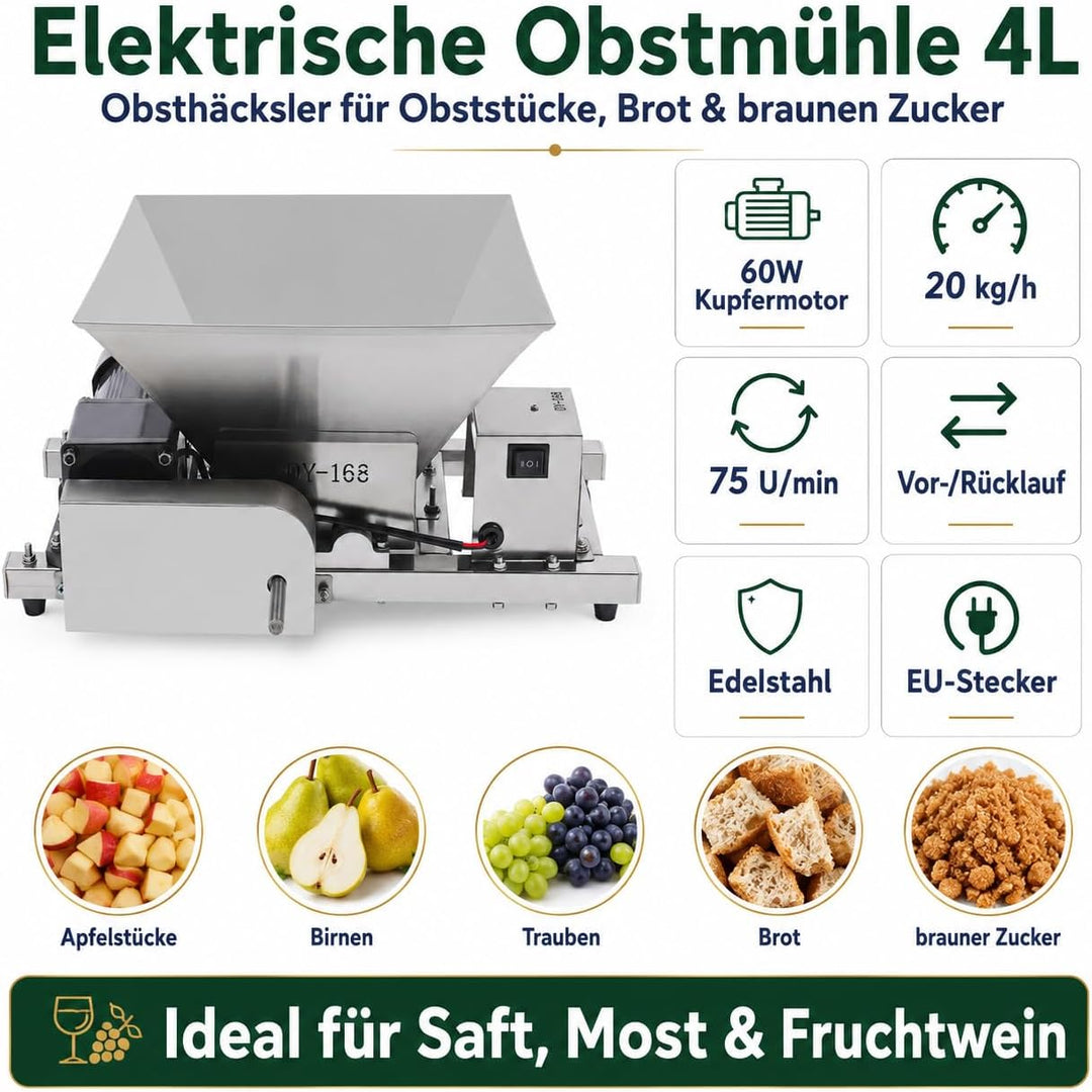 Elektrische Obstmühle Edelstahl 60W, Obstzerkleinerer mit 20kg/h &amp; Vor-/Rücklauf, Fruchtmühle Mostmü
