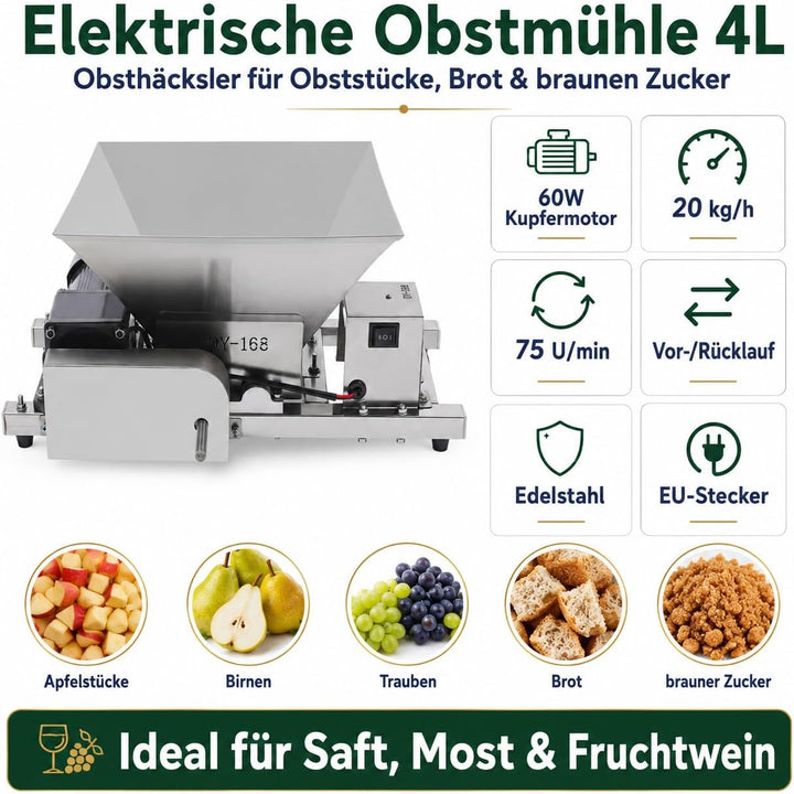 Elektrische Obstmühle Edelstahl 60W, Obstzerkleinerer mit 20kg/h &amp; Vor-/Rücklauf, Fruchtmühle Mostmü