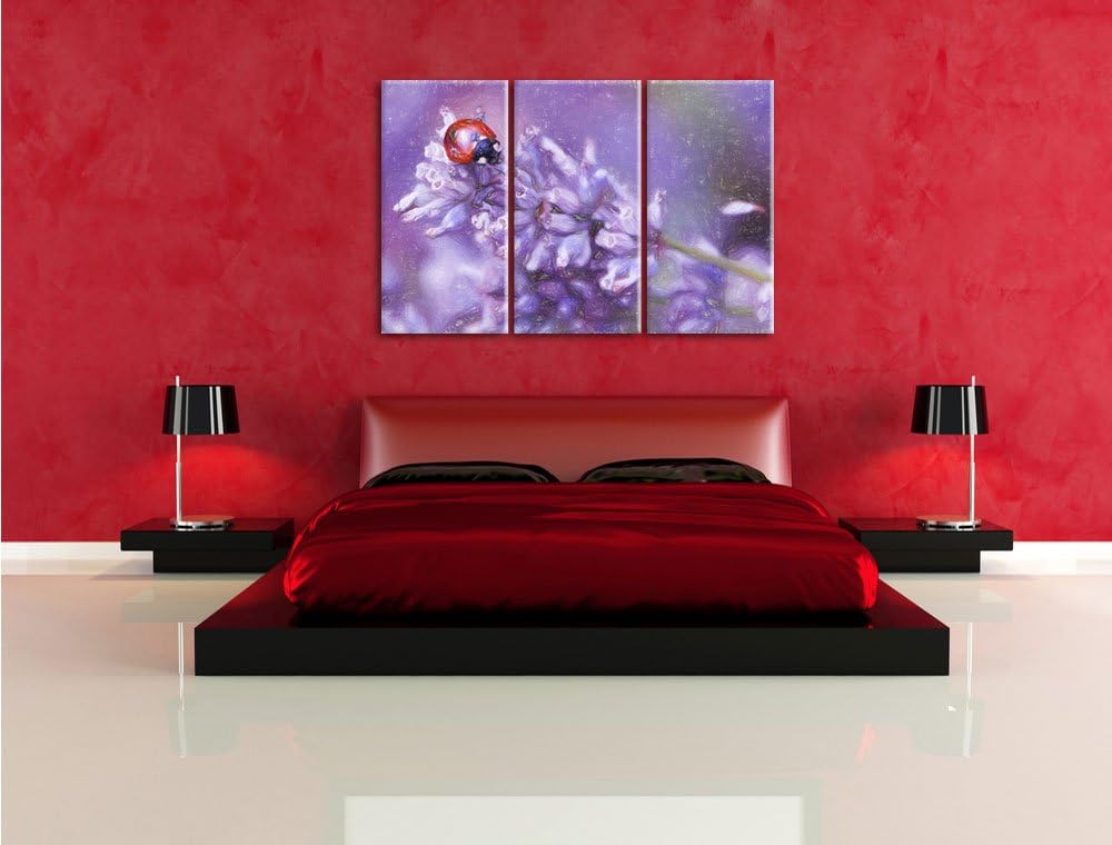 Pixxprint Kleiner Marienkäfer auf Lavendel Kunst Buntstift Effekt 3-Teiler Leinwandbild 120x80 Bild