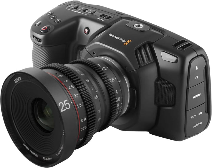 MEKE 25mm T2.2 grosse Blende, manueller Fokus, geringer Verzerrung, 4K Mini-Cine-Objektiv für Micro