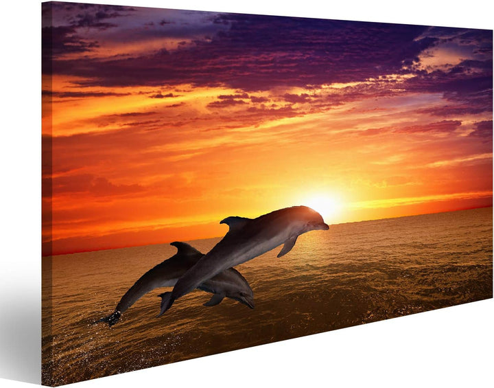 islandburner Bild auf Leinwand Delfin Springende Delfine Schöner Roter Sonnenuntergang Am Meer Bilde