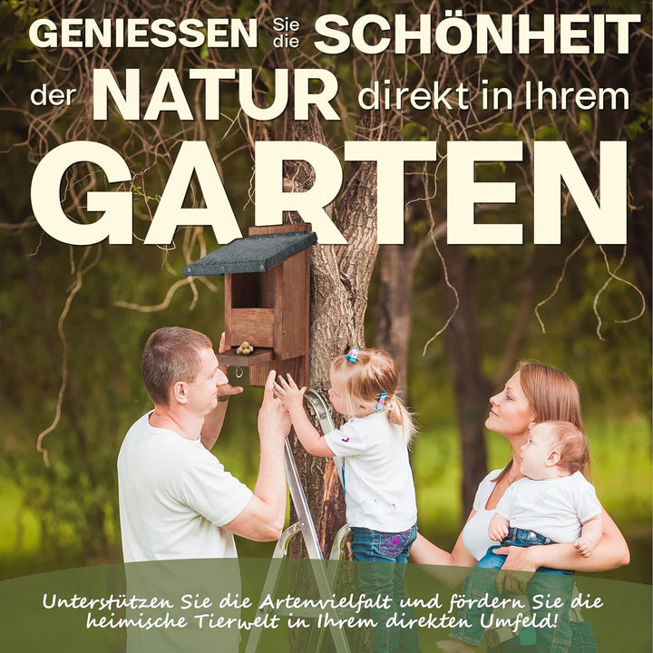 Eichhörnchen Futterhaus wetterfest aus pfälzer Holz – ohne Genickbruchklappe – Futterstation & Überw