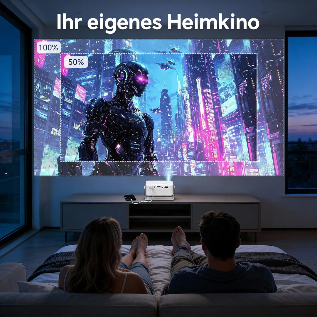 WOLFANG Mini Beamer, Tragbarer Projektor mit 1080P Eingabeunterstützung, nativer 720P Auflösung, Aut