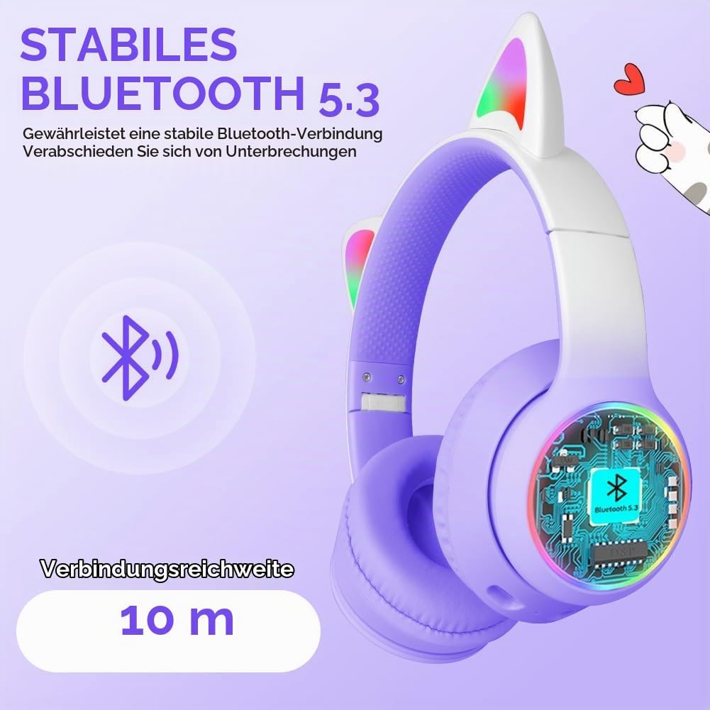 AXFEE Kinder-Kopfhörer, 5.3 Bluetooth Over-Ear mit LED-Leuchten, Lautstärke Begrenzt 105 dB, Stereo
