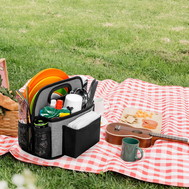 Camping-Utensilientasche, Aufbewahrungstasche für Pappteller mit 4 Fächern für Tassen, Gabeln, Löffe